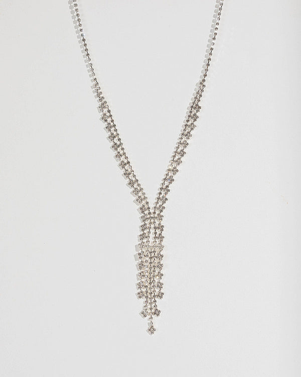 Silver Diamante Chain Lariat Necklace | Necklaces