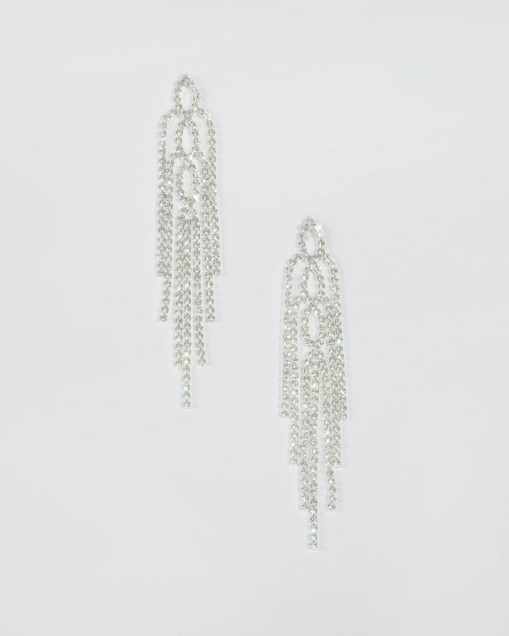 Silver Diamante Chain Tassel Statement Earrings | Earrings