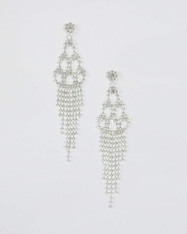 Silver Diamante Chain Tiered Statement Earrings | Earrings