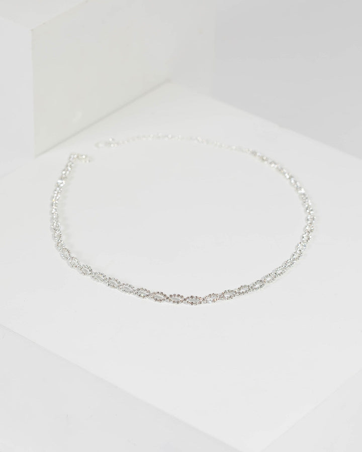 Silver Diamante Cup Chain Crossover Necklace | Necklaces