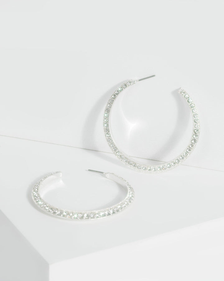 Silver Diamante Encrusted Hoop Earrings | Earrings