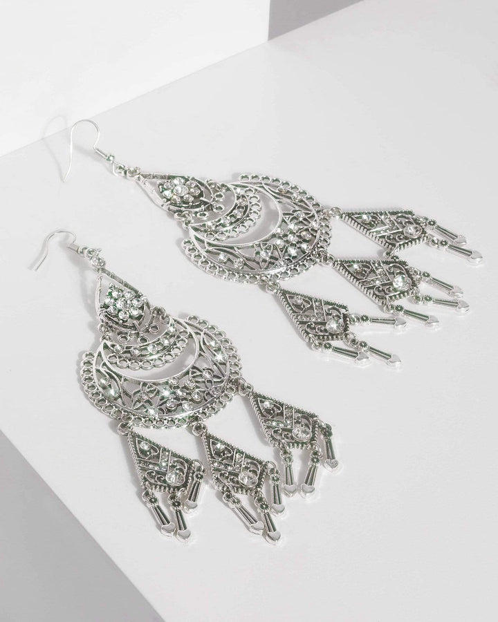 Silver Diamante Filigree Drop Earrings | Earrings