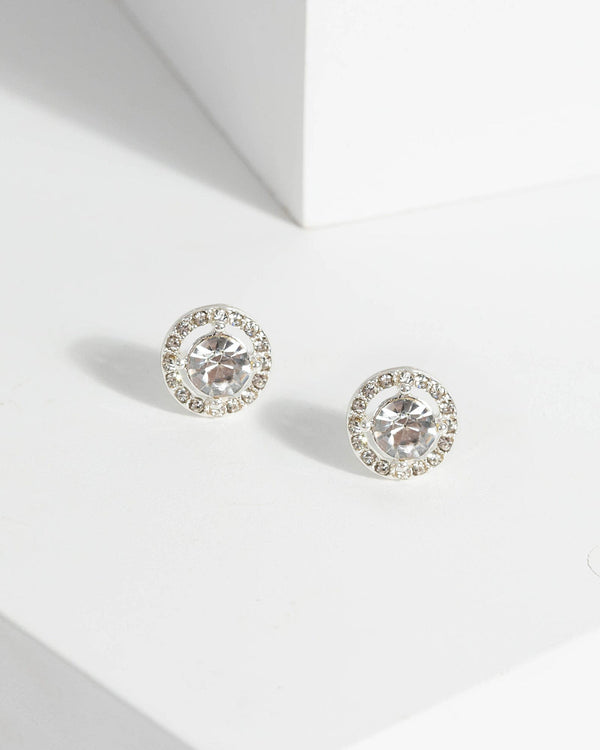 Silver Diamante Halo Stud Earrings | Earrings