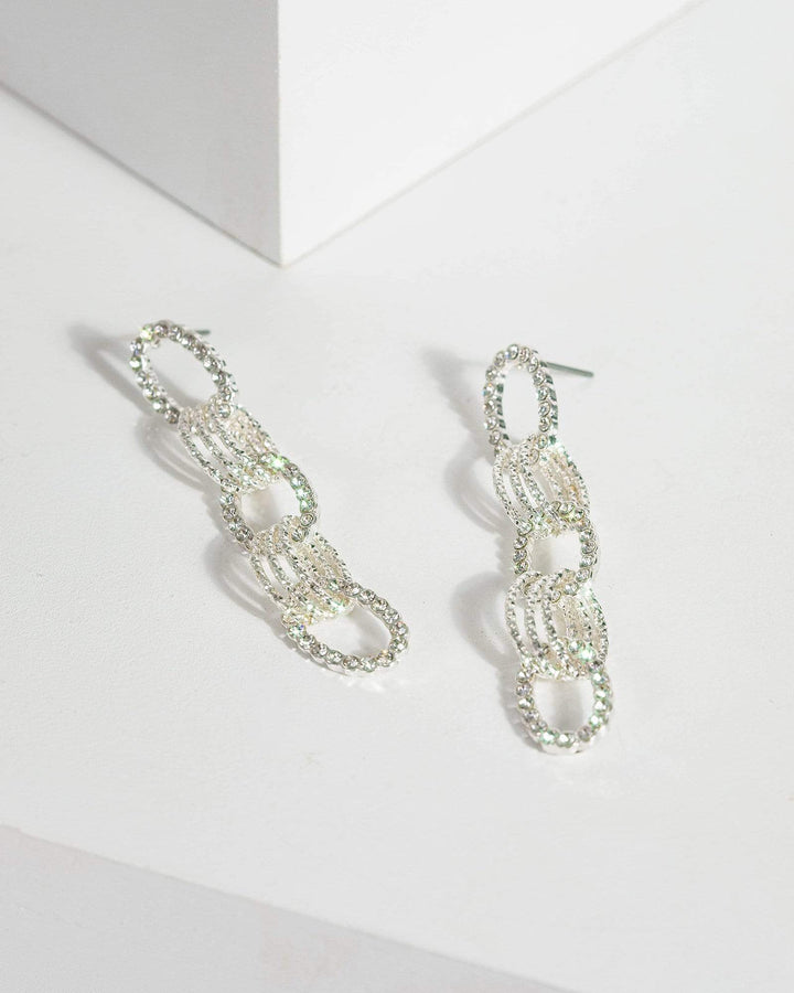 Silver Diamante Oval Link Drop Earrings | Earrings