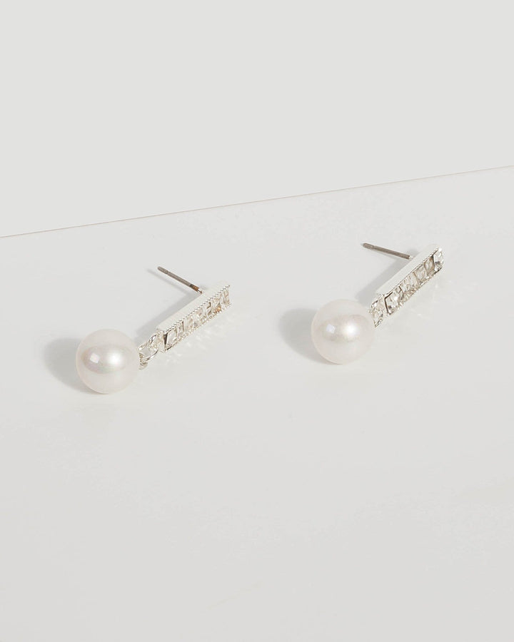 Silver Diamante Pearl Drop Earrings | Earrings