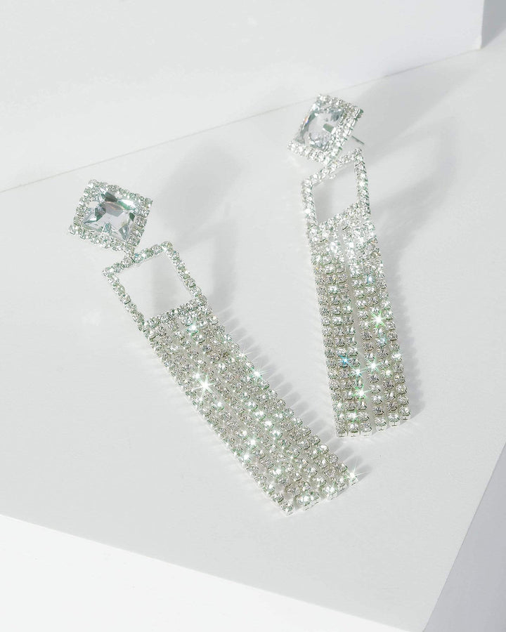 Silver Diamante Square And Tassel Detail Earrings | Earrings