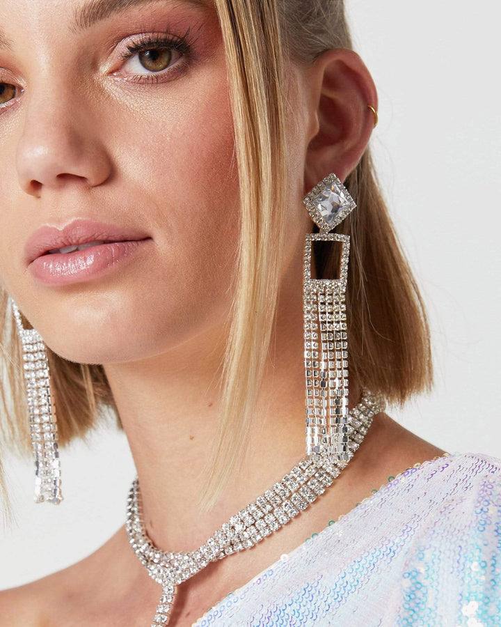 Silver Diamante Square And Tassel Detail Earrings | Earrings