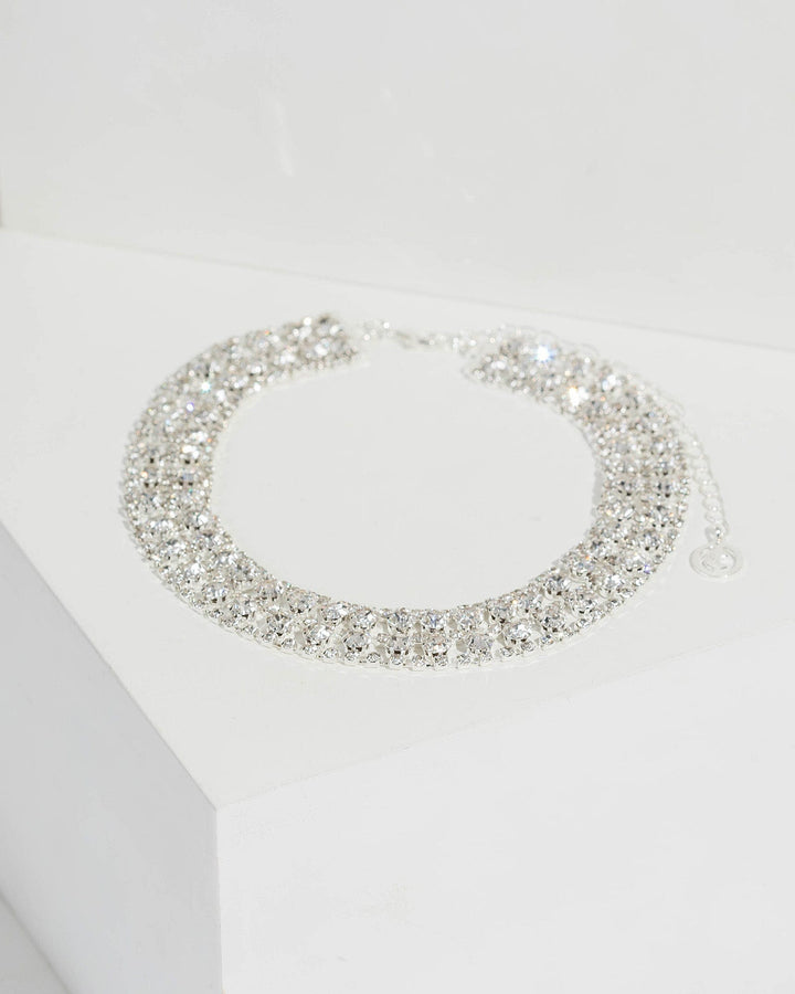 Silver Diamante Square Pattern Choker Necklace | Wristwear