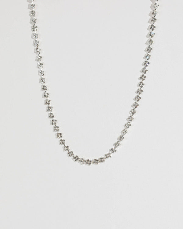 Silver Diamante Square Short Necklace | Necklaces