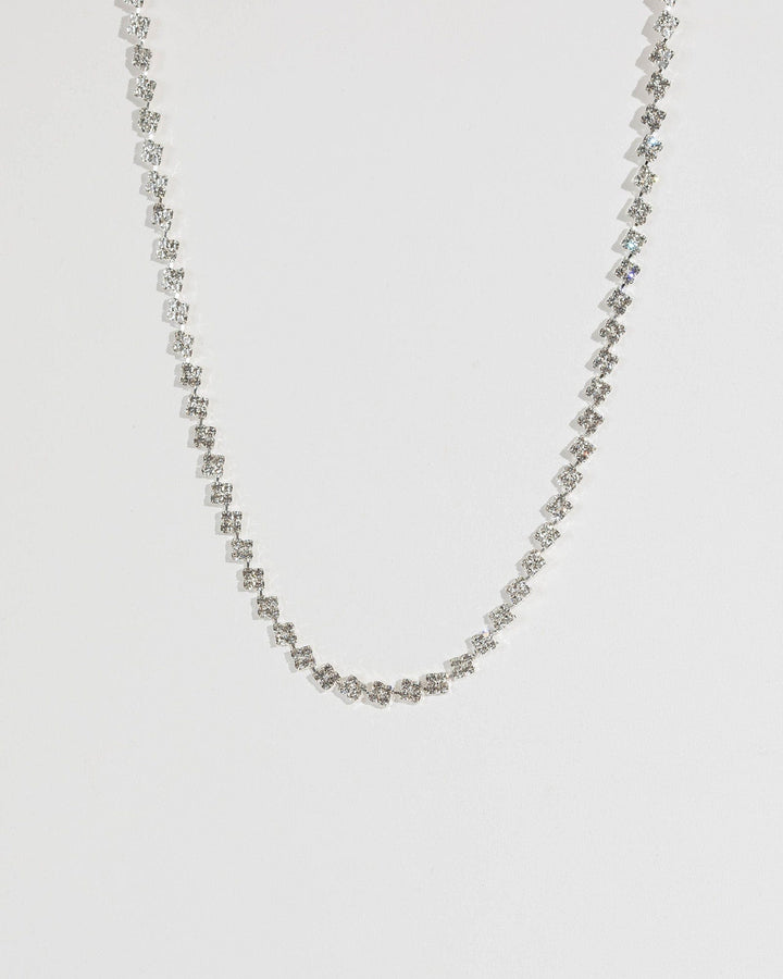 Silver Diamante Square Short Necklace | Necklaces