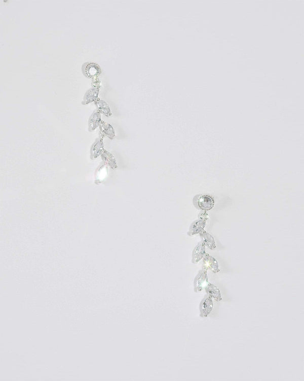 Silver Diamante Stud Leaf Drop Earrings | Earrings
