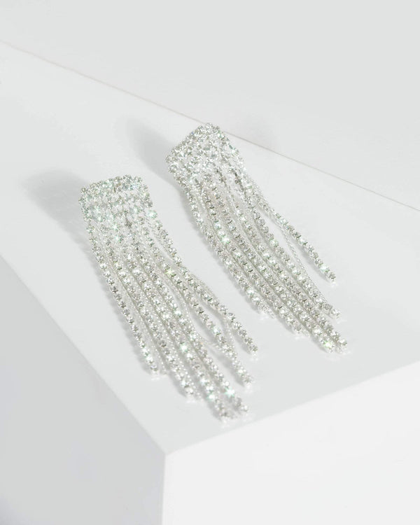 Silver Diamante Tassel Chain Drop Earrings | Earrings