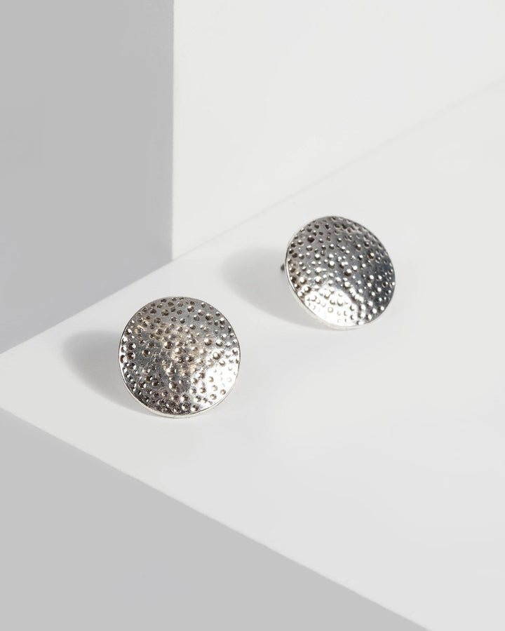 Silver Disc Textured Stud Earrings | Earrings