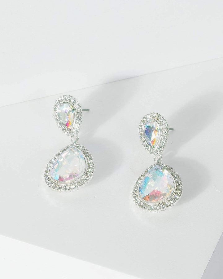 Silver Double Diamante Teardrop Drop Earrings | Earrings