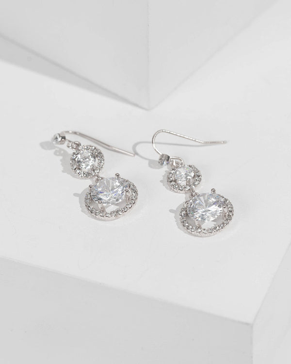 Silver Double Round Diamante Drop Earrings | Earrings