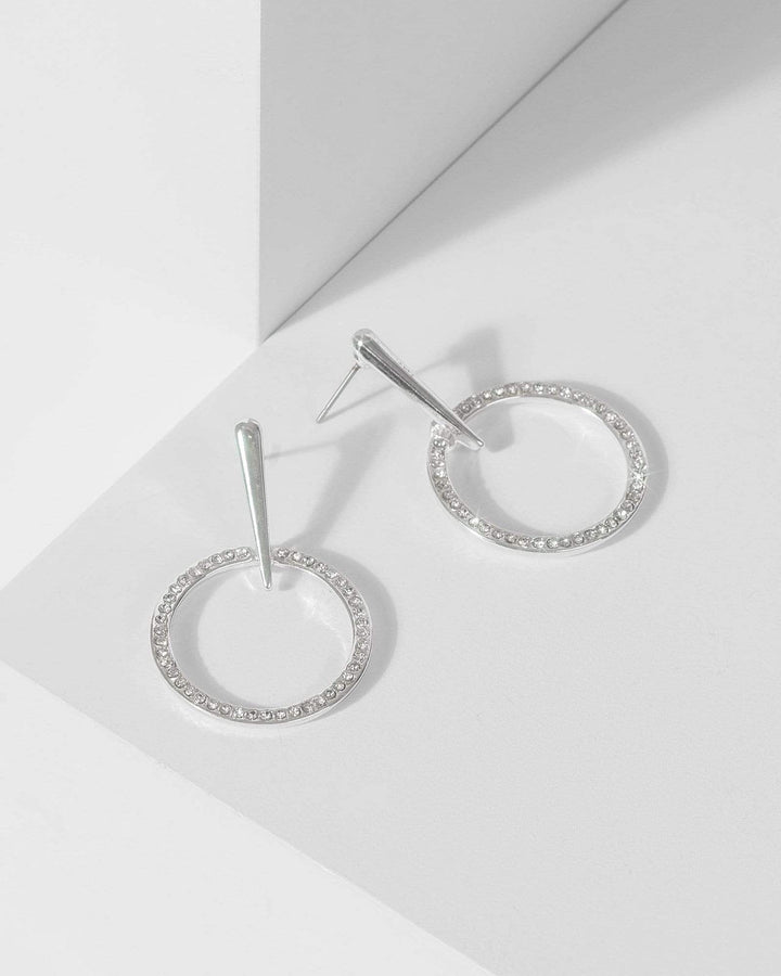 Silver Drop Bar Round Diamante Drop Earrings | Earrings