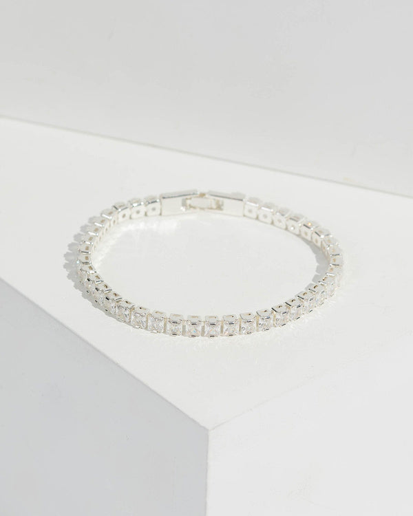 Silver Fine Chain Square Crystal Bracelet | Wristwear
