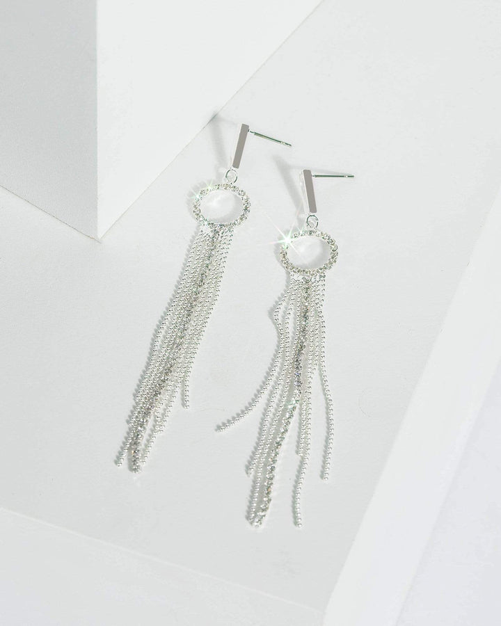 Silver Fine Crystal Circle Tassel Earrings | Earrings