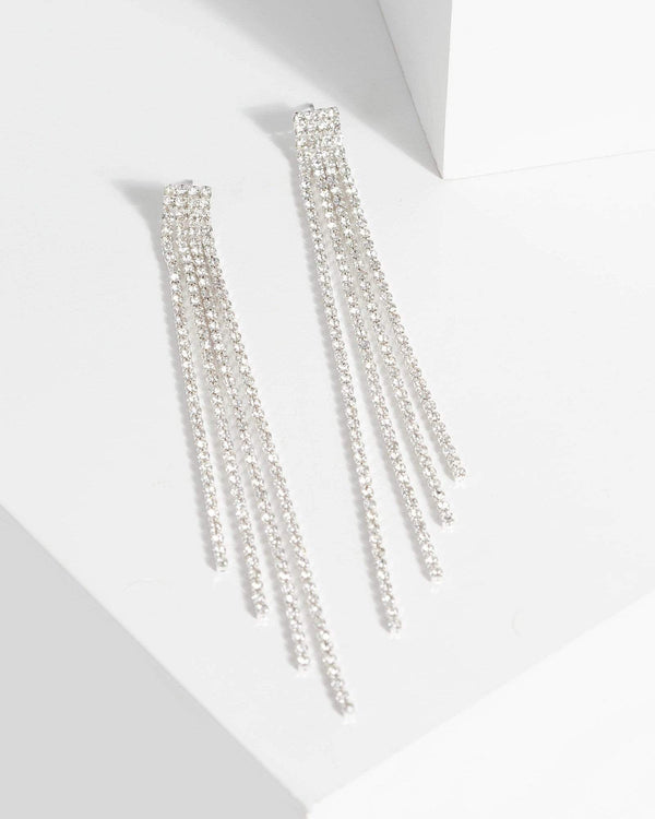Silver Fine Diamante Cup Chain Tassel Earrings | Earrings