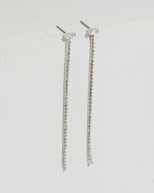 Silver Fine Diamante Drop Earrings | Earrings
