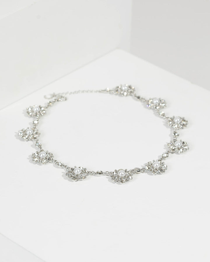 Silver Floral Pearl Crystal Necklace | Necklaces