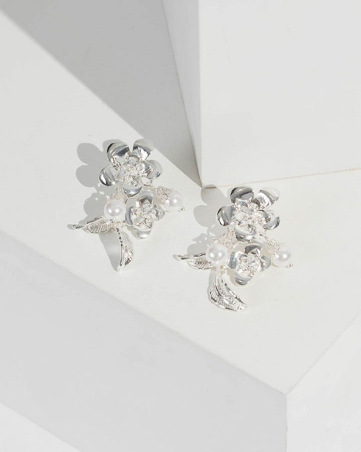 Silver Flower And Leaf Detail Drop Earrings | Earrings