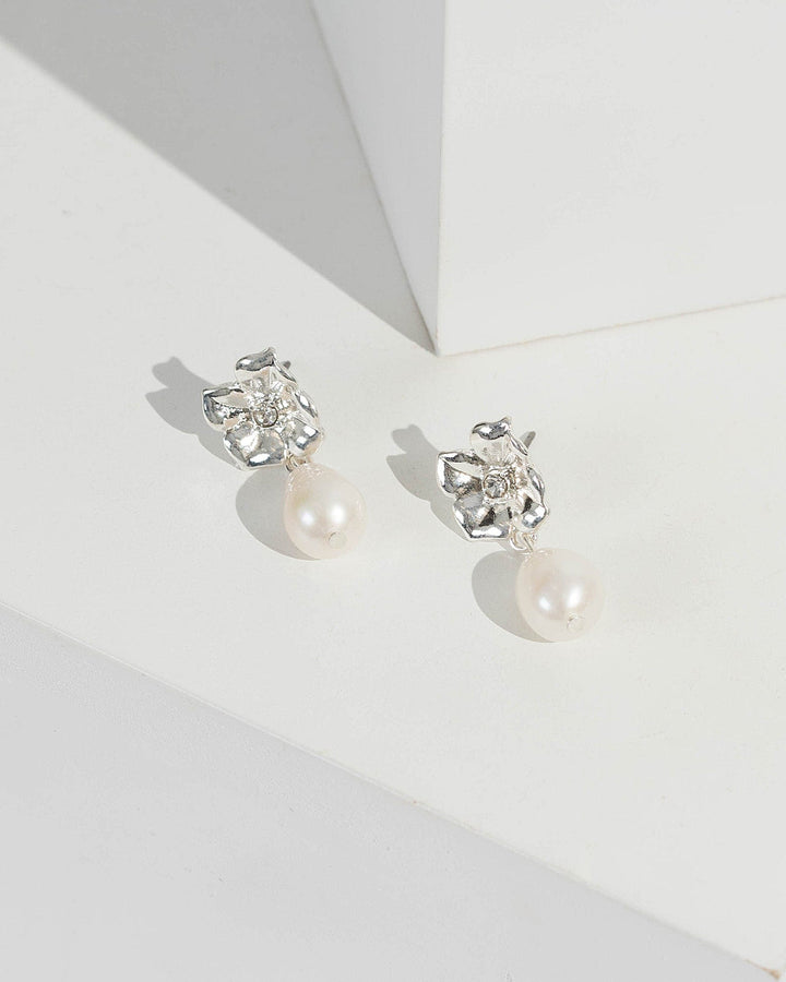 Silver Flower And Pearl Drop Earrings | Earrings