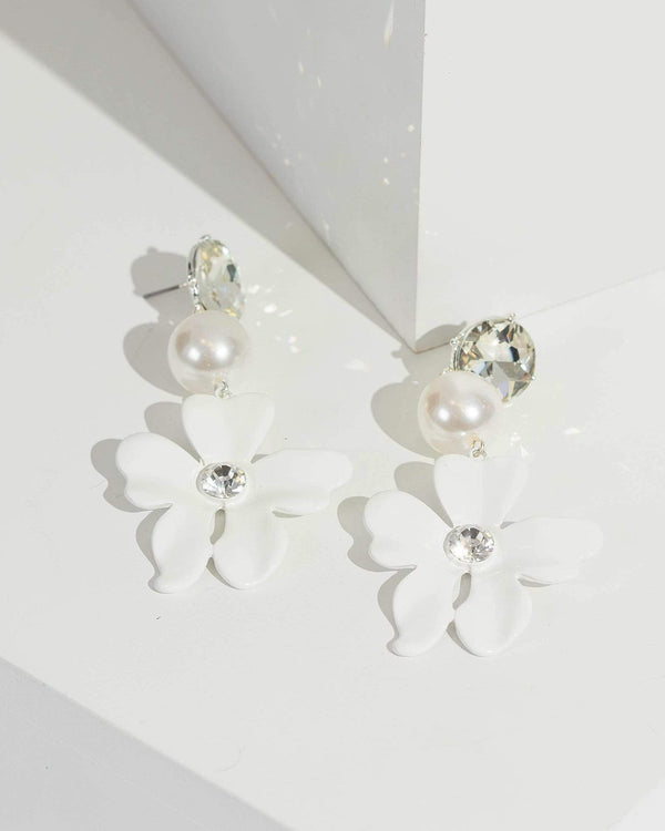 Silver Flower Pearl And Crystal Drop Earrings | Earrings