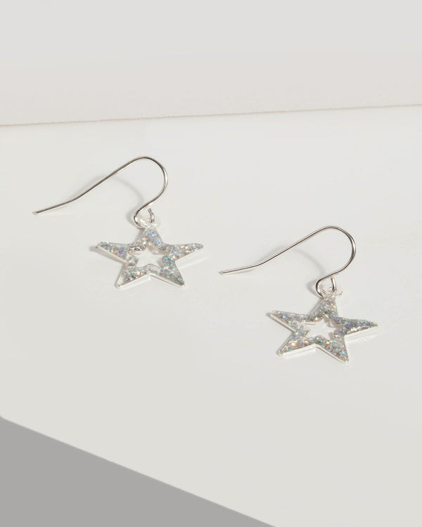 Silver Glitter Star Drop Earrings | Earrings