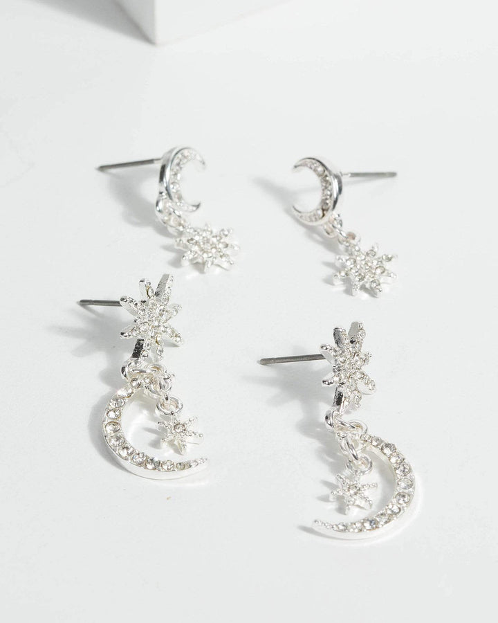 Silver Glitzy Star And Moon Twin Set Earrings | Earrings