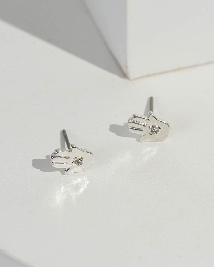Silver Hamsa Hand Crystal Stud Earrings | Earrings