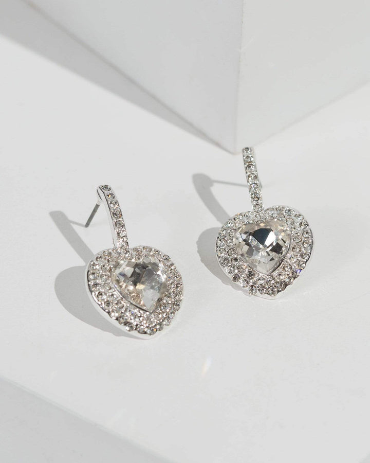Silver Heart Drop Crystal Earrings | Earrings