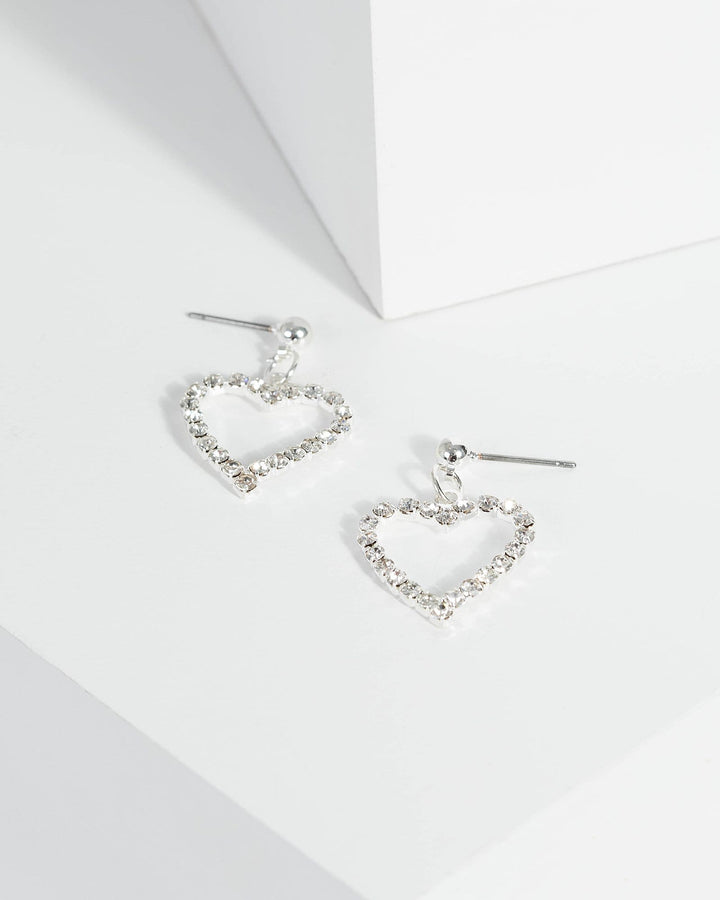 Silver Heart Outlined Diamante Stud Earrings | Earrings