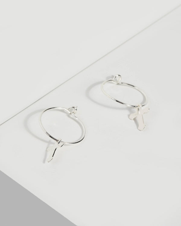 Silver Hoop Mini Cross Earrings | Earrings