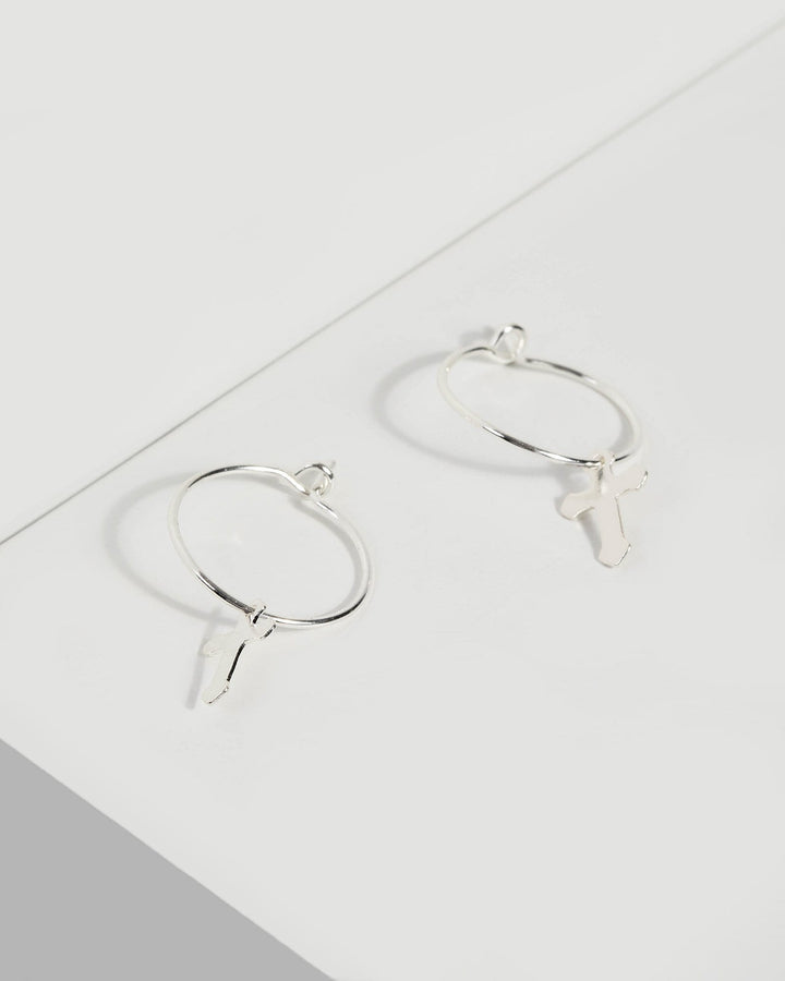 Silver Hoop Mini Cross Earrings | Earrings