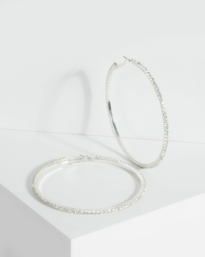 Silver Large Diamante Encrusted Thin Hoop Earrings | Earrings