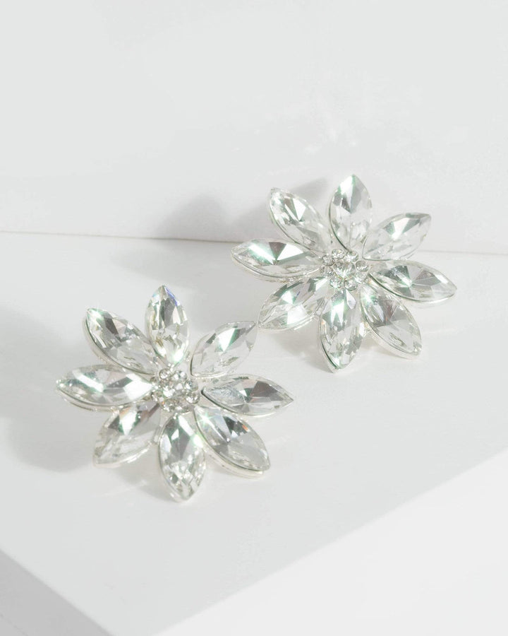 Silver Large Diamante Flower Earrings | Earrings