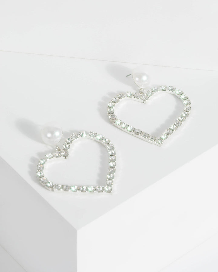 Silver Large Diamante Heart And Detail Drop Earrings | Earrings