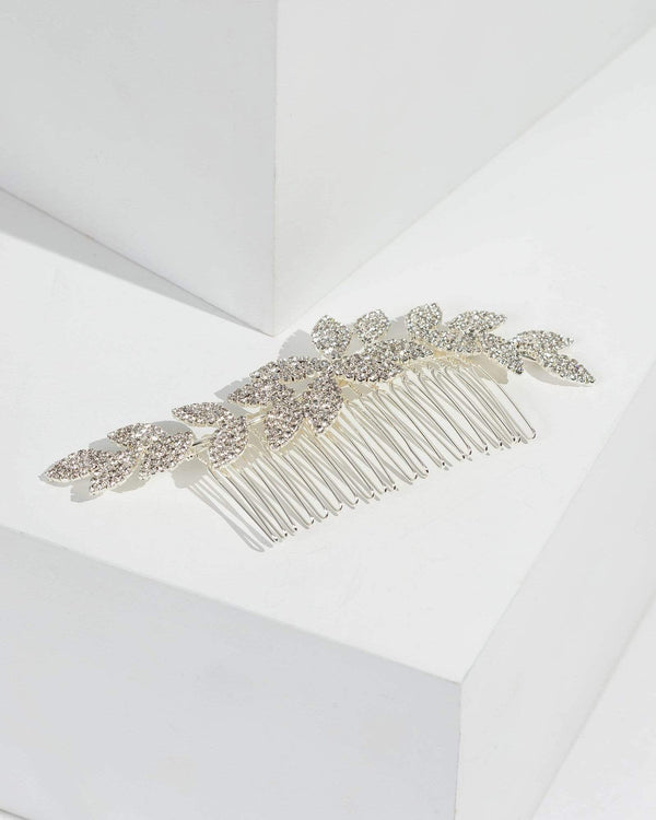 Silver Large Leaf Crystal Hair Comb | Hair Accessories