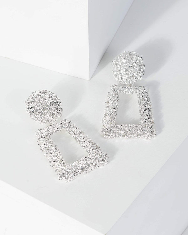 Silver Large Textured Drop Earrings | Earrings