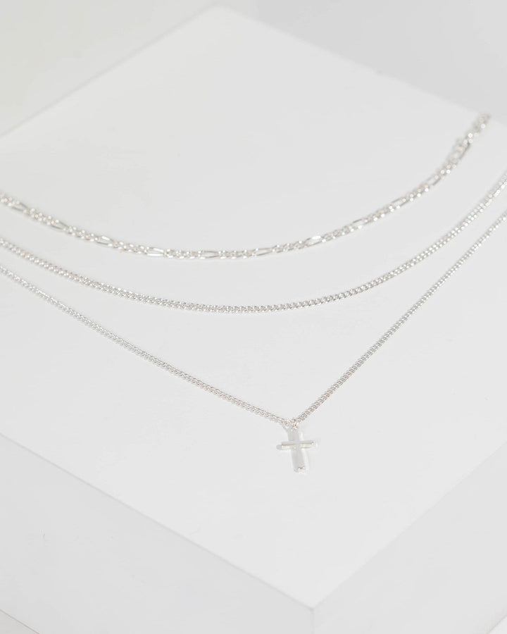 Silver Layered Contrast Chain Cross Necklace | Necklaces