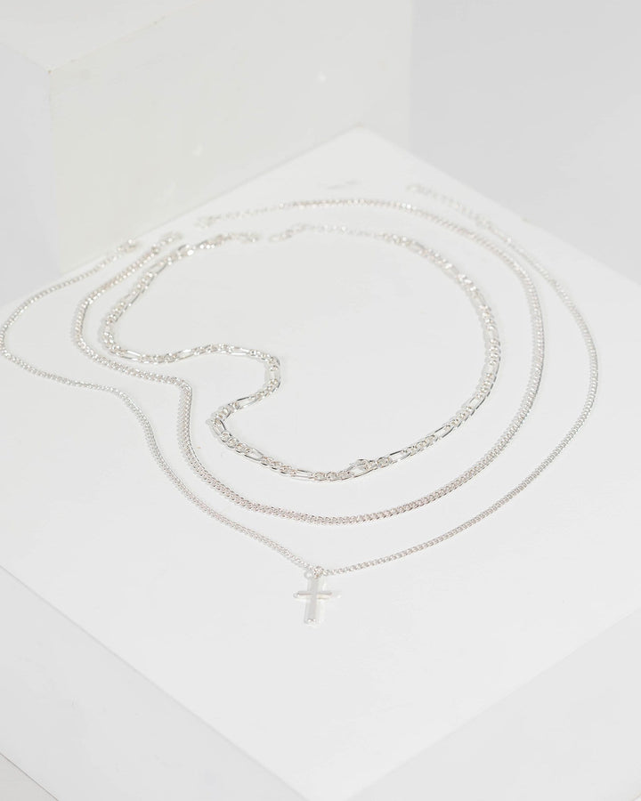 Silver Layered Contrast Chain Cross Necklace | Necklaces