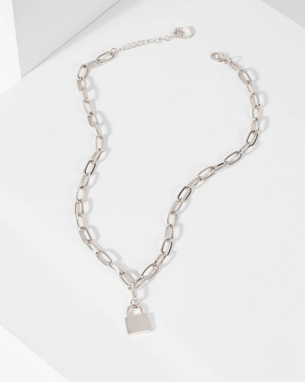 Silver Long Chain Lock Necklace | Necklaces