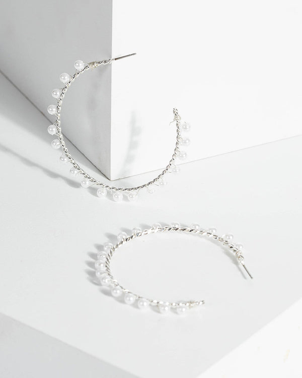 Silver Mini Pearl Wrapped Hoop Earrings | Earrings