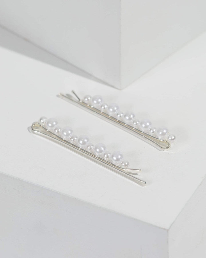 Silver Minimal Pearl 2 Pack Slides | Hair Accessories