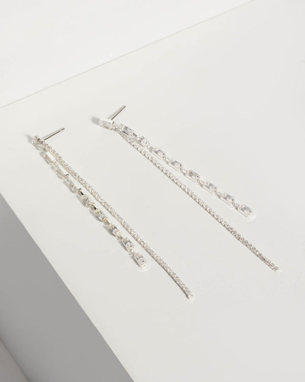 Silver Multi Chain Cubic Zirconia Drop Earrings | Earrings