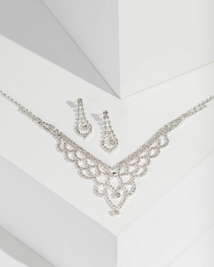 Silver Multi Crystal Layer Earring And Necklace Set | Necklaces