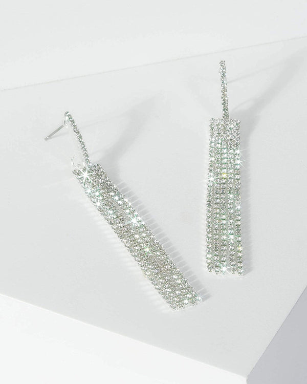Silver Multi Diamante Bar And Tassel Drop Earrings | Earrings
