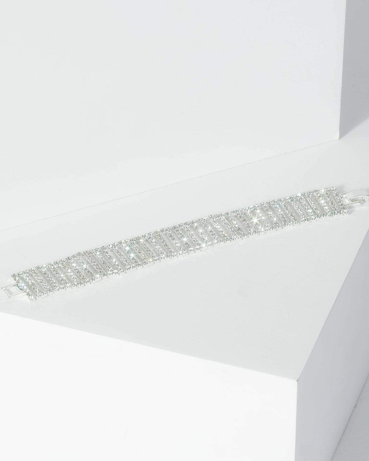 Silver Multi Diamante Line Detail Bracelet | Wristwear