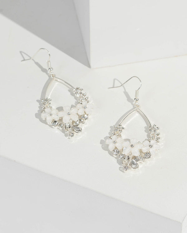 Silver Multi Flower Detail Drop Earrings | Earrings